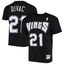 Load image into Gallery viewer, Men&#39;s Mitchell &amp; Ness Vlade Divac Black Sacramento Kings Hardwood Classics Stitch Name &amp; Number T-Shirt
