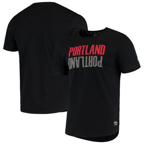 Men's New Era Black Portland Trail Blazers Brushed Jersey Wordmark Reflection Applique T-Shirt
