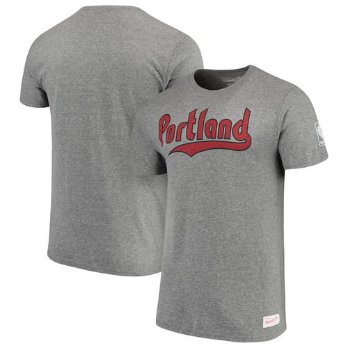 Men's Mitchell & Ness Heathered Gray Portland Trail Blazers Hardwood Classics Throwback Logo Tri-Blend T-Shirt