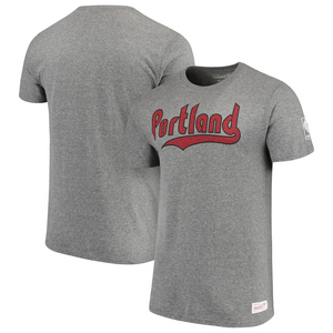 Men's Mitchell & Ness Heathered Gray Portland Trail Blazers Hardwood Classics Throwback Logo Tri-Blend T-Shirt