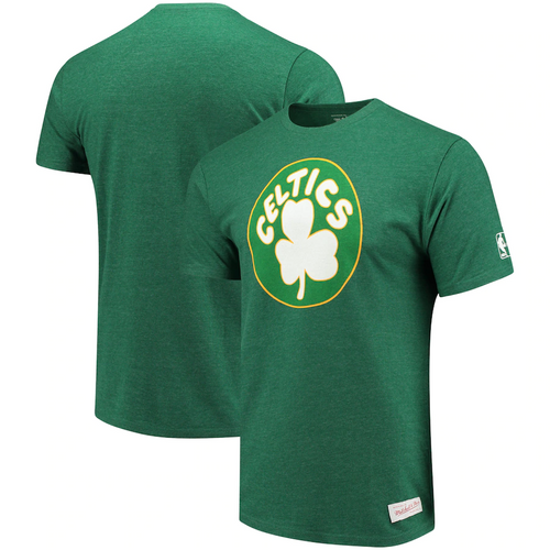 Men's Mitchell & Ness Heathered Kelly Green Boston Celtics Hardwood Classics Throwback Logo Tri-Blend T-Shirt