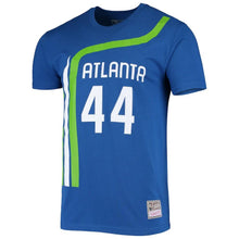 Load image into Gallery viewer, Men&#39;s Mitchell &amp; Ness Pete Maravich Blue Atlanta Hawks Hardwood Classics Stitch Name &amp; Number T-Shirt