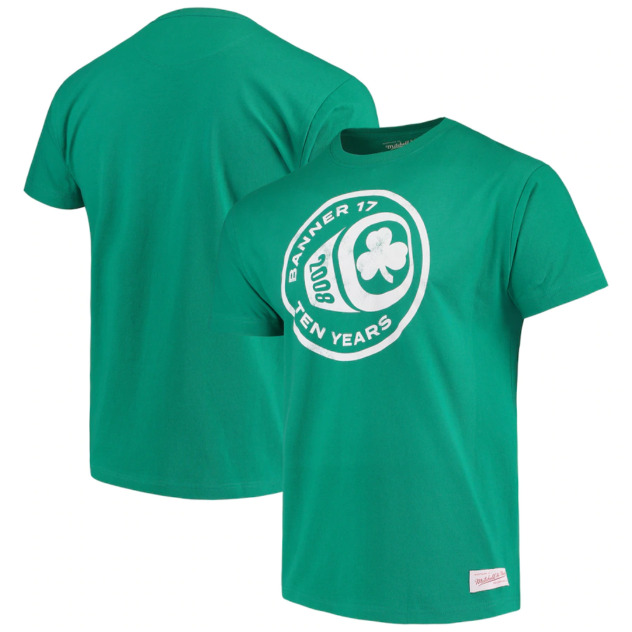 Men's Mitchell & Ness Kelly Green Boston Celtics Banner 17 Tenth Anniversary Ring T-Shirt