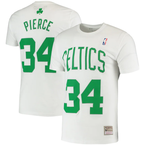 Men's Mitchell & Ness Paul Pierce White Boston Celtics Hardwood Classics Stitch Name & Number T-Shirt