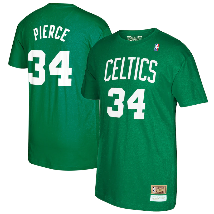 Men's Mitchell & Ness Paul Pierce Kelly Green Boston Celtics Retirement Name & Number T-Shirt