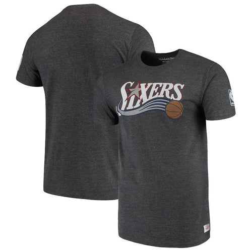 Men's Mitchell & Ness Heathered Black Philadelphia 76ers Hardwood Classics Throwback Logo Tri-Blend T-Shirt
