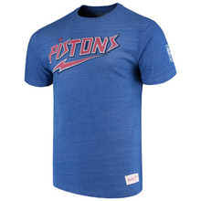 Load image into Gallery viewer, Men&#39;s Mitchell &amp; Ness Heathered Blue Detroit Pistons Hardwood Classics Throwback Logo Tri-Blend T-Shirt