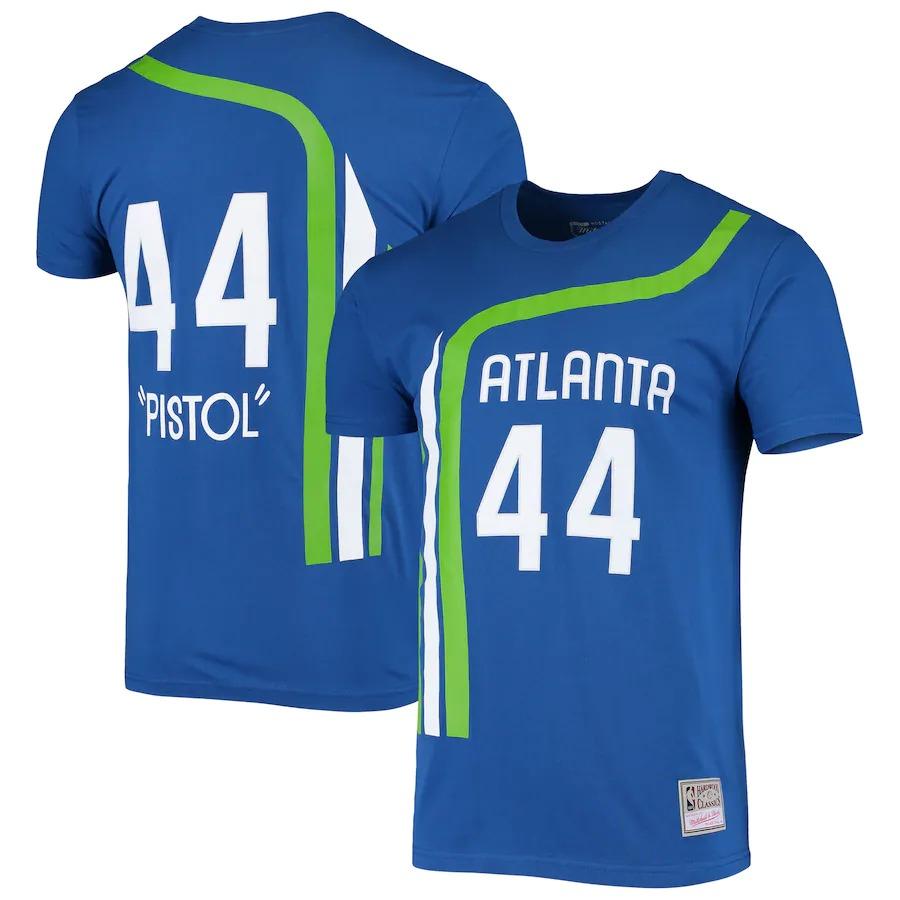 Men's Mitchell & Ness Pete Maravich Blue Atlanta Hawks Hardwood Classics Stitch Name & Number T-Shirt
