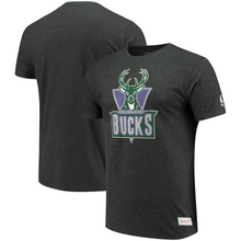 Load image into Gallery viewer, Men&#39;s Mitchell &amp; Ness Heathered Black Milwaukee Bucks Hardwood Classics Throwback Logo Tri-Blend T-Shirt