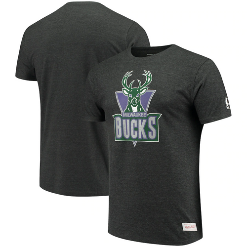 Men's Mitchell & Ness Heathered Black Milwaukee Bucks Hardwood Classics Throwback Logo Tri-Blend T-Shirt