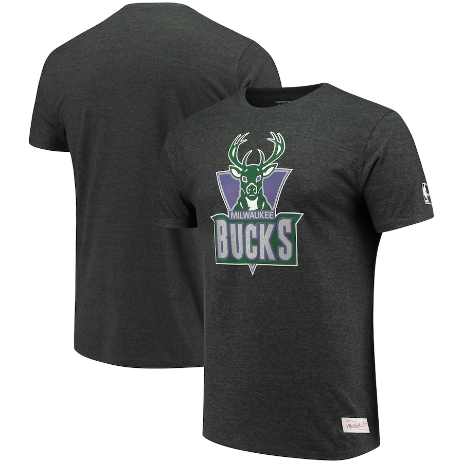 Men's Mitchell & Ness Heathered Black Milwaukee Bucks Hardwood Classics Throwback Logo Tri-Blend T-Shirt