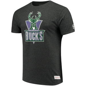 Men's Mitchell & Ness Heathered Black Milwaukee Bucks Hardwood Classics Throwback Logo Tri-Blend T-Shirt