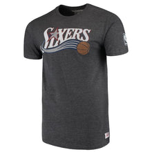 Load image into Gallery viewer, Men&#39;s Mitchell &amp; Ness Heathered Black Philadelphia 76ers Hardwood Classics Throwback Logo Tri-Blend T-Shirt