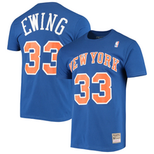 Load image into Gallery viewer, Men&#39;s Mitchell &amp; Ness Patrick Ewing Blue New York Knicks Hardwood Classics Stitch Name &amp; Number T-Shirt