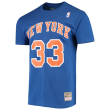 Load image into Gallery viewer, Men&#39;s Mitchell &amp; Ness Patrick Ewing Blue New York Knicks Hardwood Classics Stitch Name &amp; Number T-Shirt