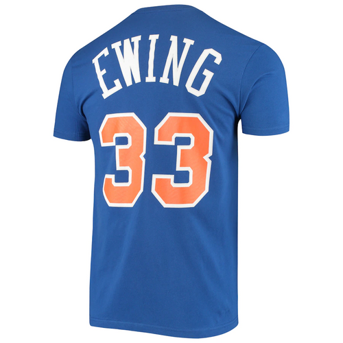 Men's Mitchell & Ness Patrick Ewing Blue New York Knicks Hardwood Classics Stitch Name & Number T-Shirt
