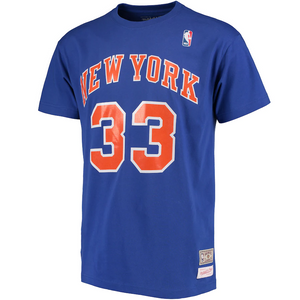 Men's Mitchell & Ness Patrick Ewing Royal New York Knicks Hardwood Classics Retro Name & Number T-Shirt