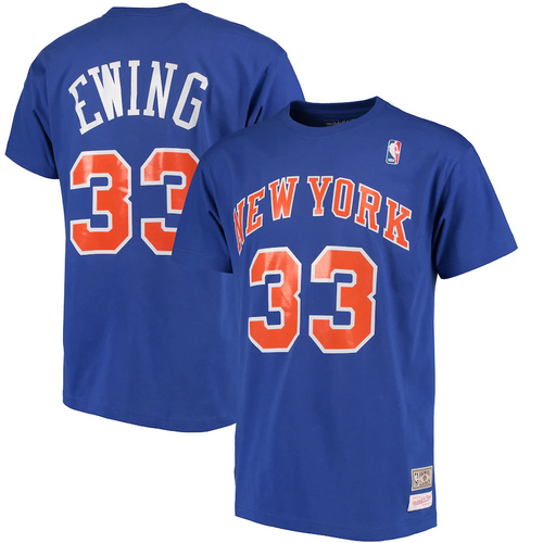 Men's Mitchell & Ness Patrick Ewing Royal New York Knicks Hardwood Classics Retro Name & Number T-Shirt