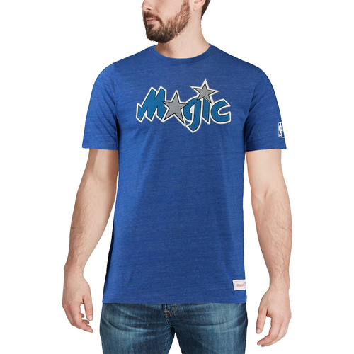 Men's Mitchell & Ness Heathered Blue Orlando Magic Hardwood Classics Throwback Logo Tri-Blend T-Shirt