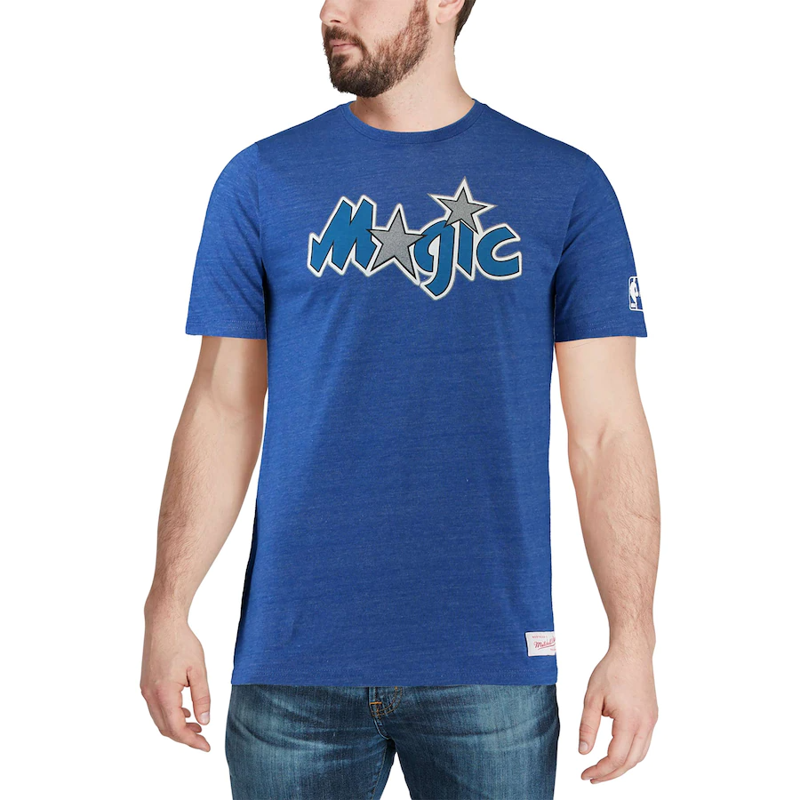 Men's Mitchell & Ness Heathered Blue Orlando Magic Hardwood Classics Throwback Logo Tri-Blend T-Shirt
