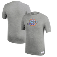 Load image into Gallery viewer, Men&#39;s Mitchell &amp; Ness Heathered Gray Utah Jazz Hardwood Classics Throwback Logo Tri-Blend T-Shirt