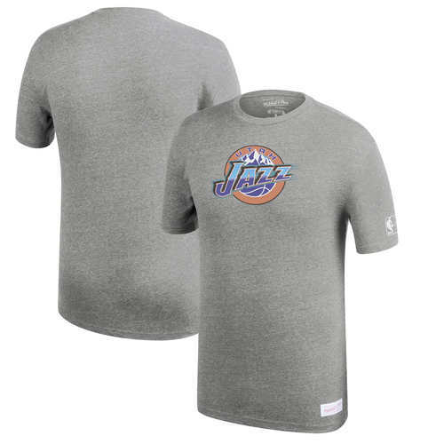 Men's Mitchell & Ness Heathered Gray Utah Jazz Hardwood Classics Throwback Logo Tri-Blend T-Shirt