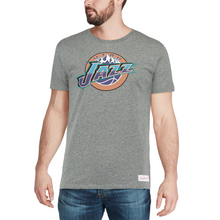 Load image into Gallery viewer, Men&#39;s Mitchell &amp; Ness Heathered Gray Utah Jazz Hardwood Classics Throwback Logo Tri-Blend T-Shirt
